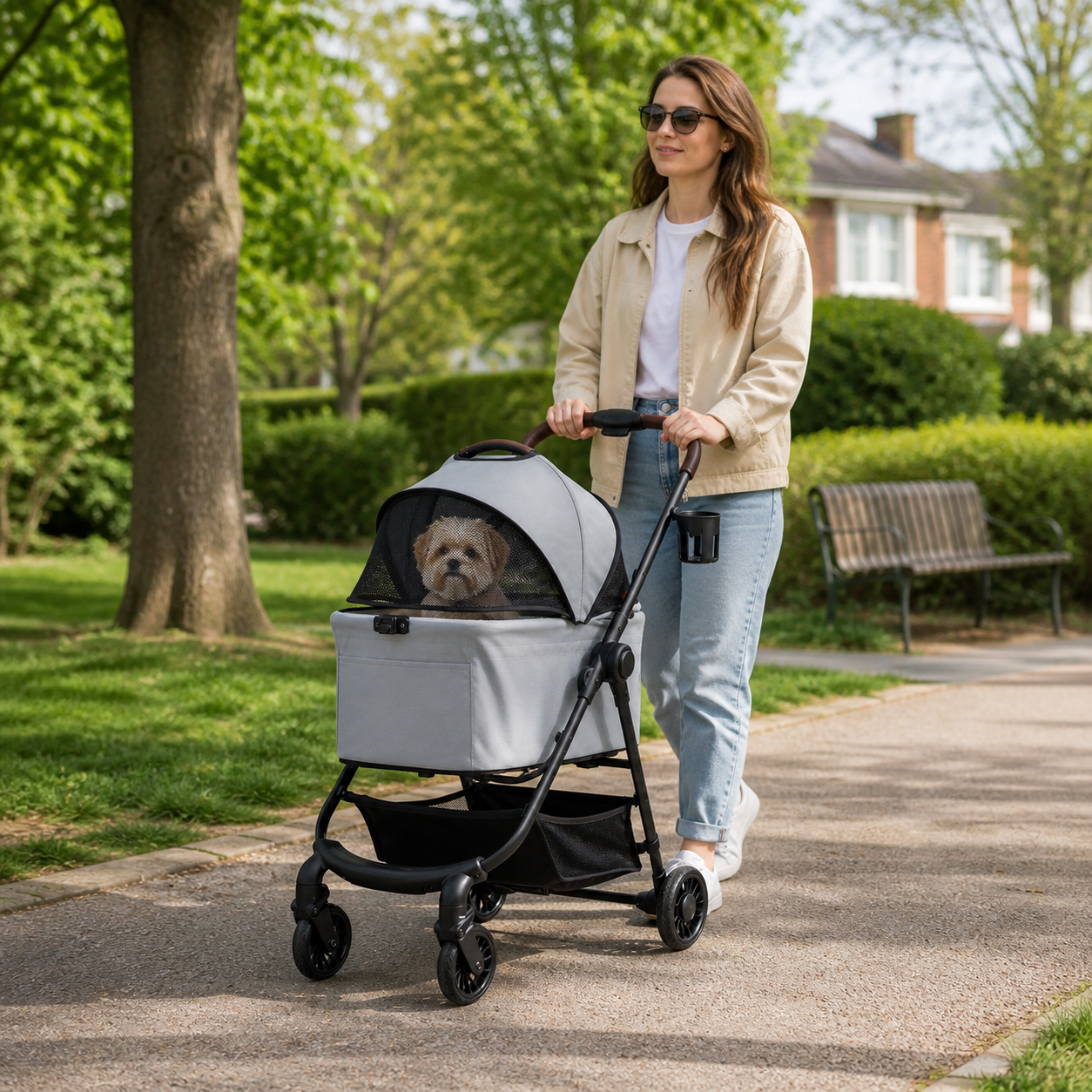 Small dog riding in grey pet stroller on a UK park path