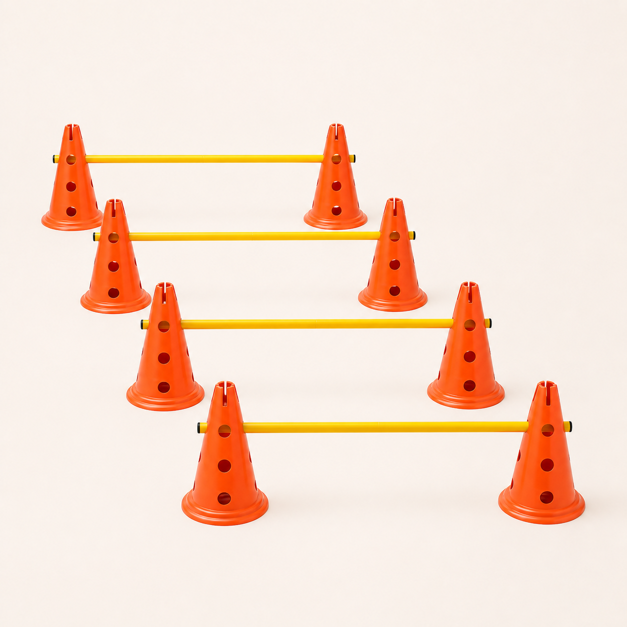 Adjustable dog agility jump set with eight orange cones and four yellow poles