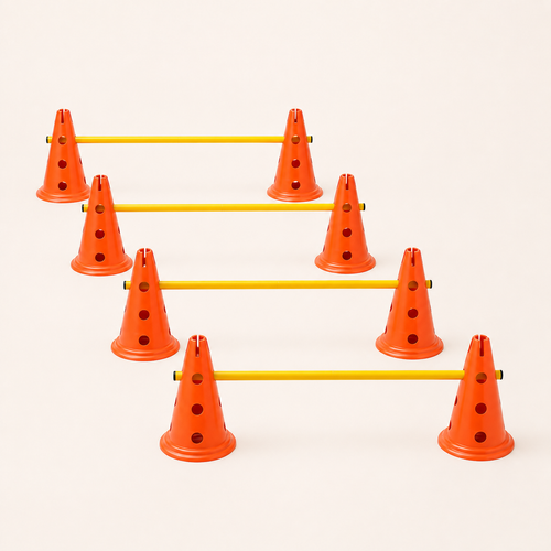 Adjustable dog agility jump set with eight orange cones and four yellow poles