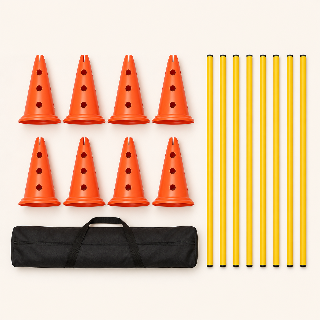 Eight orange cones, eight yellow poles and black carry bag included