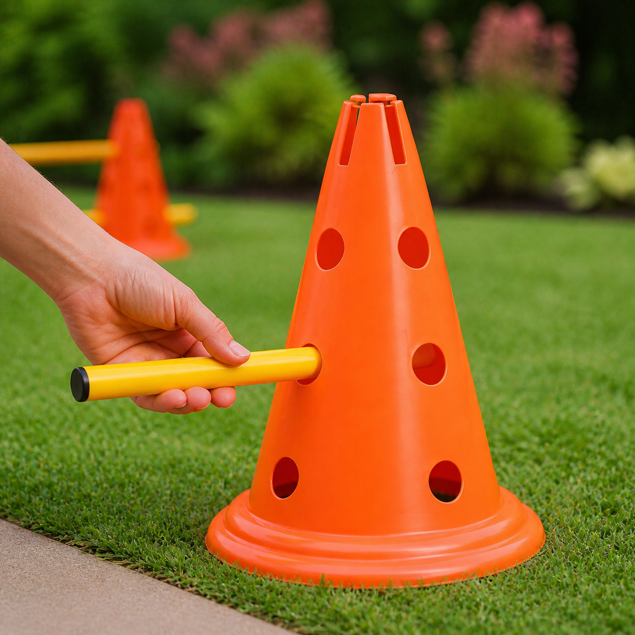 Yellow agility pole fitting into an orange cone height hole