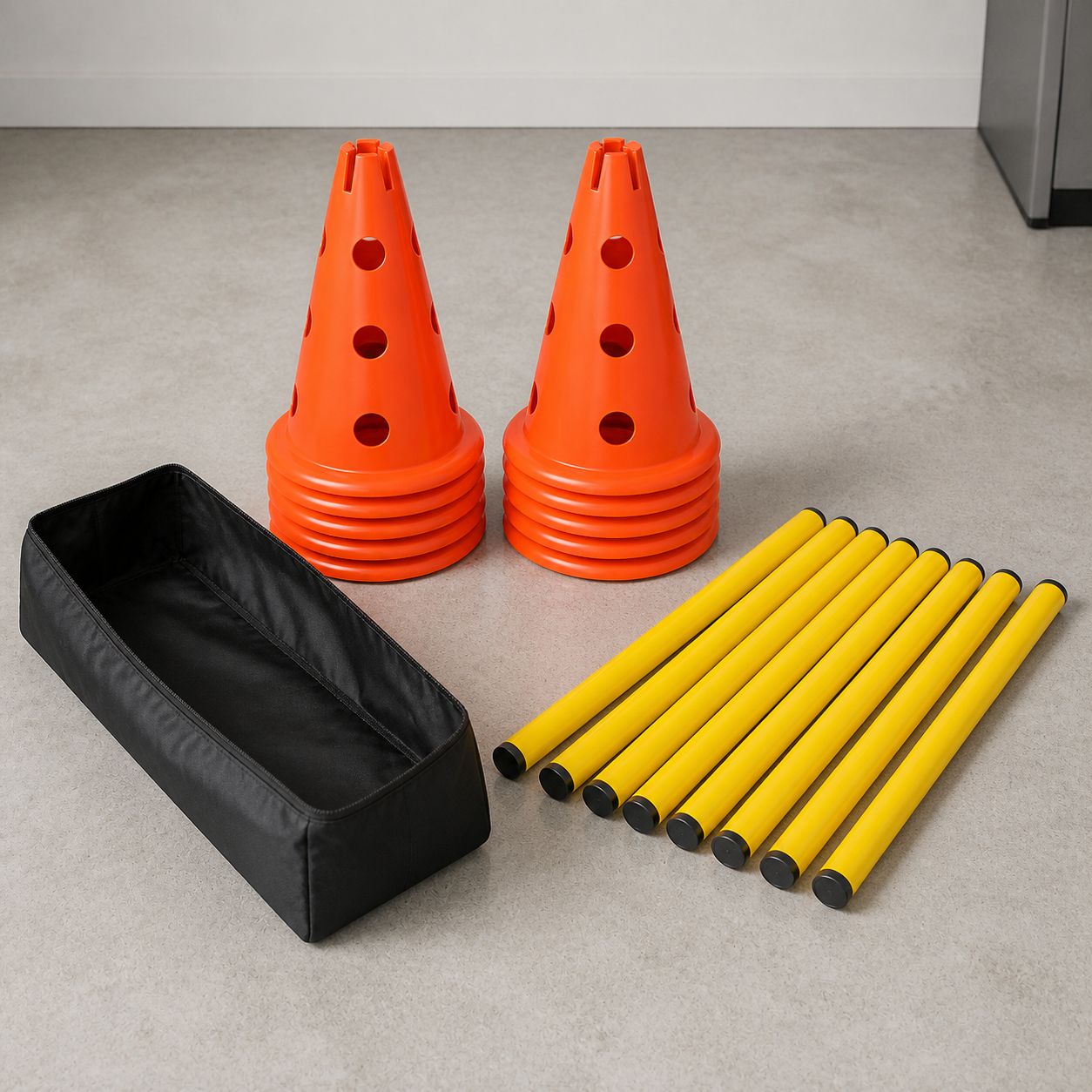 Agility cones and poles packed neatly beside the carry bag