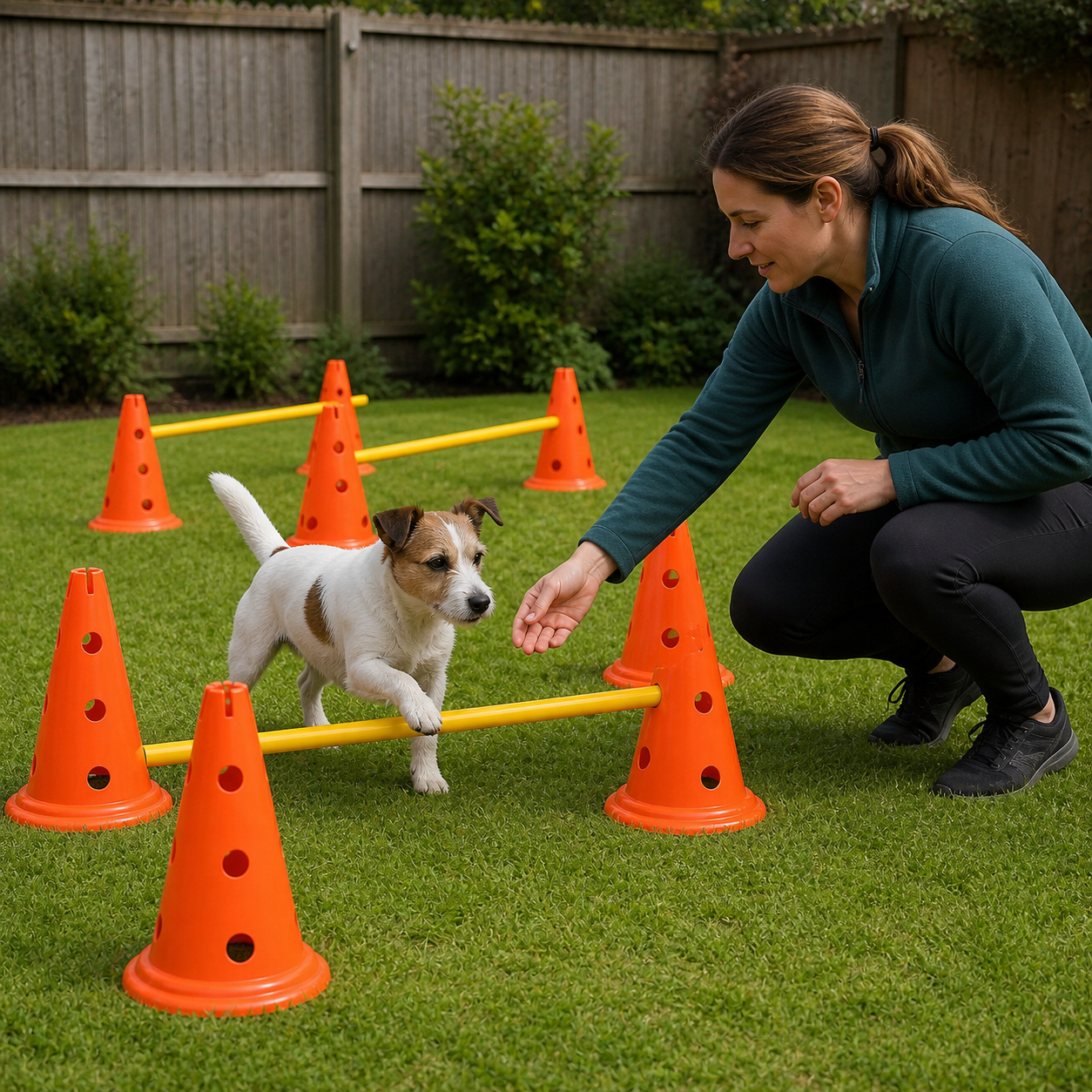Owner guiding a dog over a low agility jump