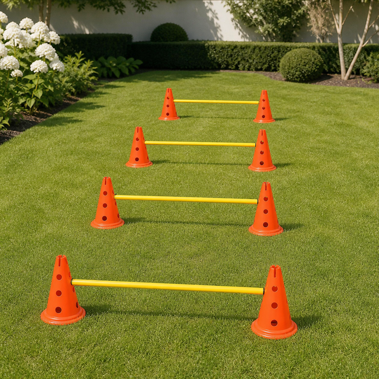 Four adjustable agility jumps arranged on a level garden lawn