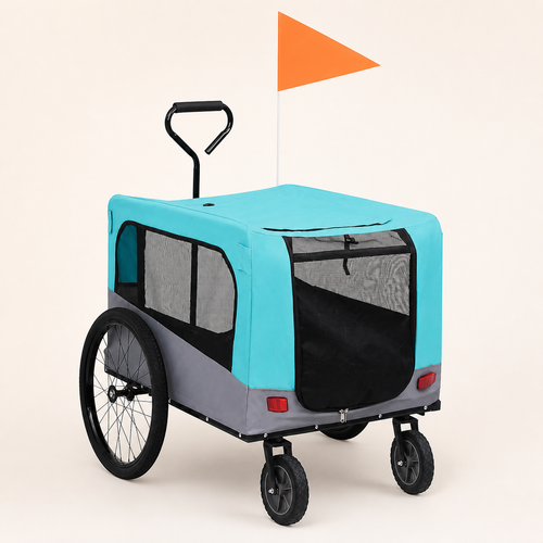 Turquoise and grey 2-in-1 pet bike trailer in stroller configuration
