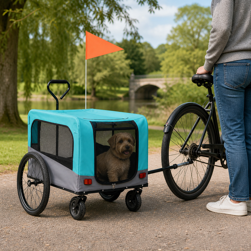 Pet bike trailer attached behind a bicycle with a dog inside