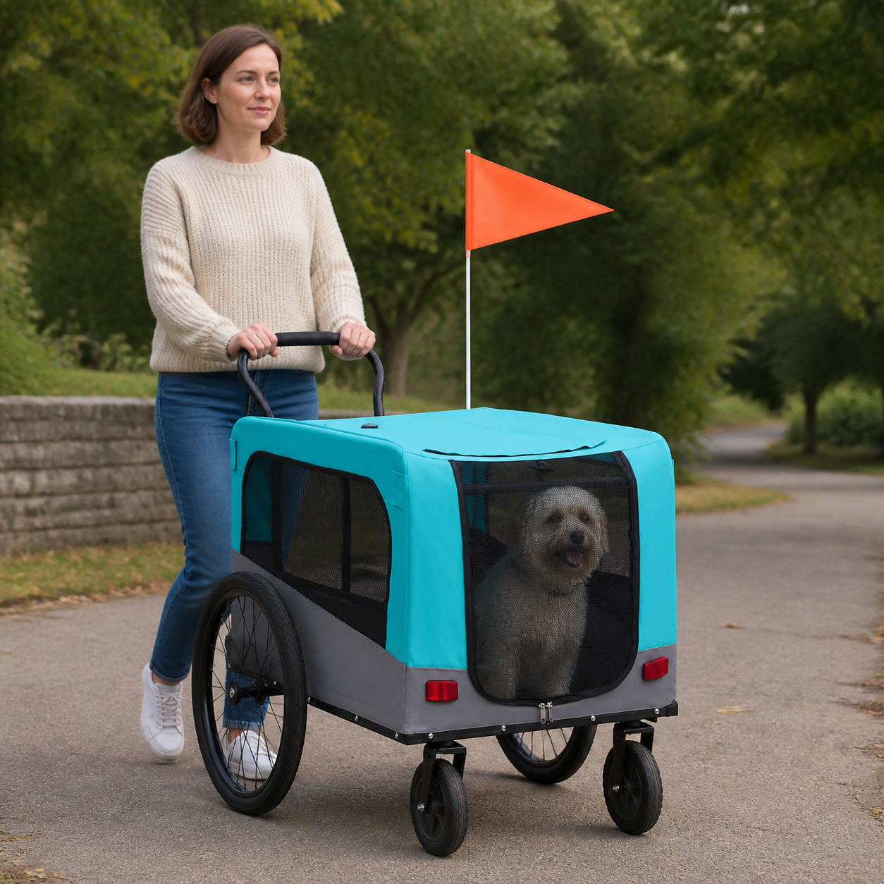 Owner walking with the pet trailer in stroller configuration