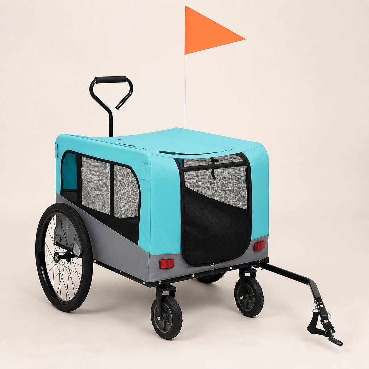 Turquoise pet carrier shown with its bicycle tow arm and hitch