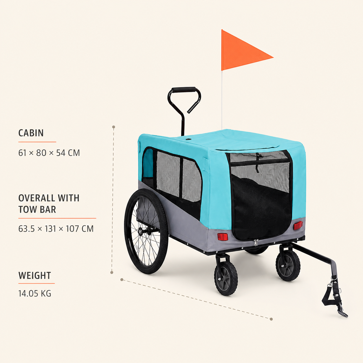 Pet bike trailer cabin, overall dimensions and product weight