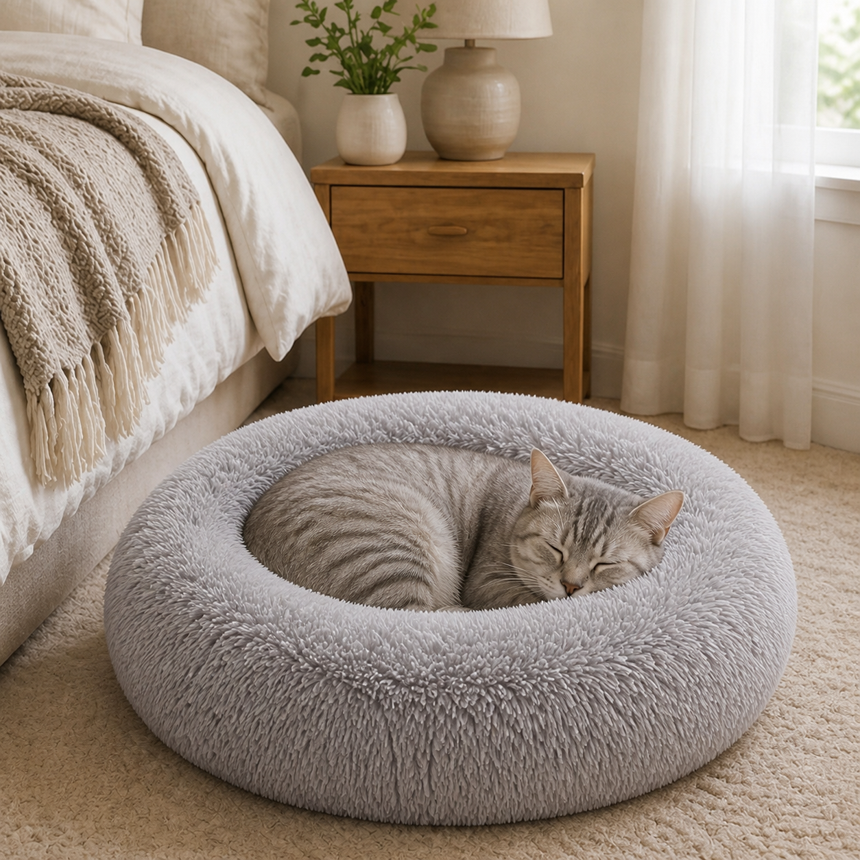 Cat curled inside the pale grey plush round bed