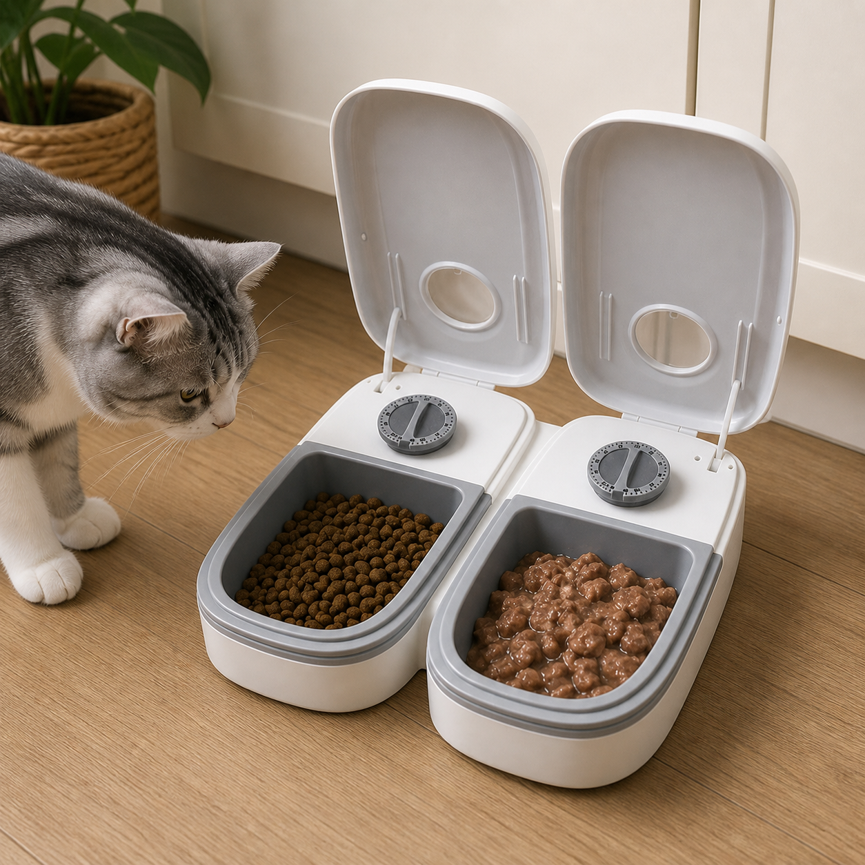 Cat approaching two open timed feeders with dry and wet food