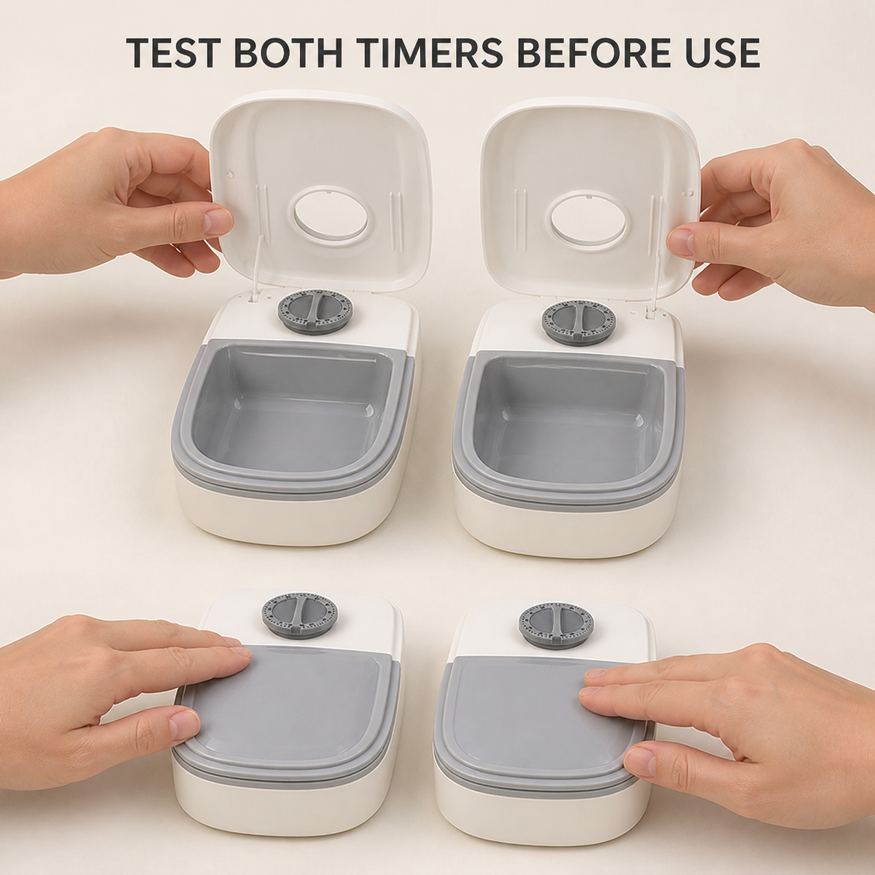 Both empty timed-feeder lids being tested before use