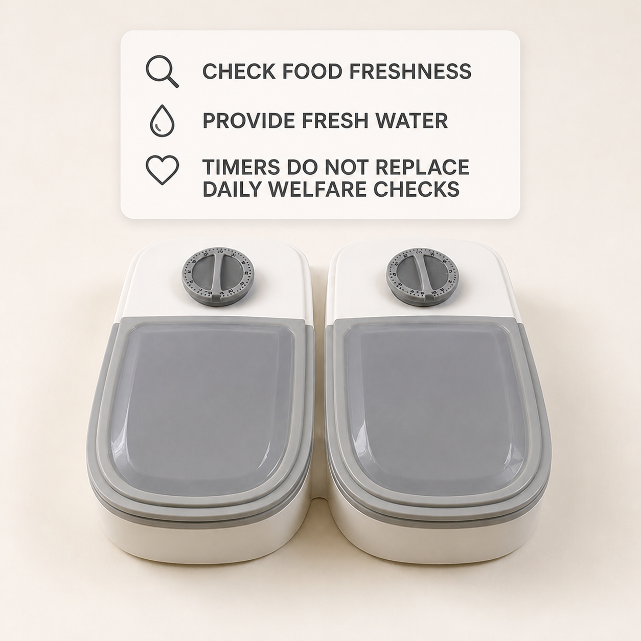 Timed feeder freshness, water and welfare-check guidance