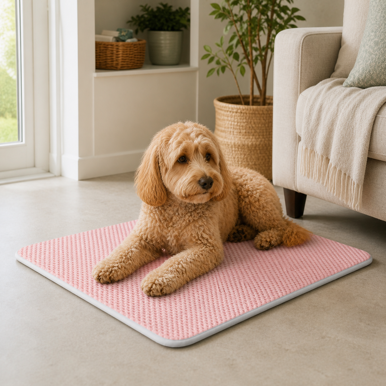 Small dog resting on the pink breathable pet mat in a calm living room