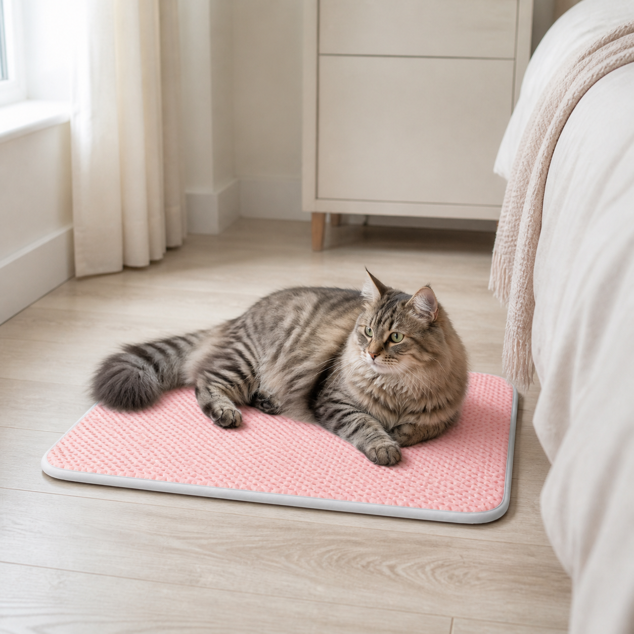 Adult cat resting on the pink breathable pet mat