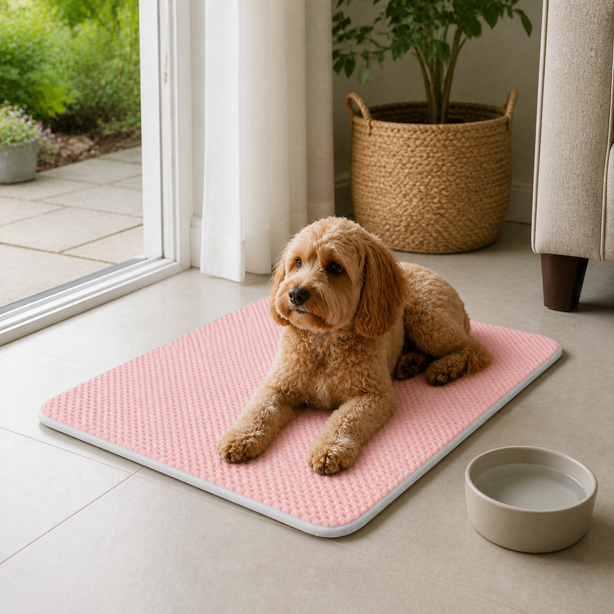 Small dog resting on the pink breathable mat beside fresh water in a shaded room
