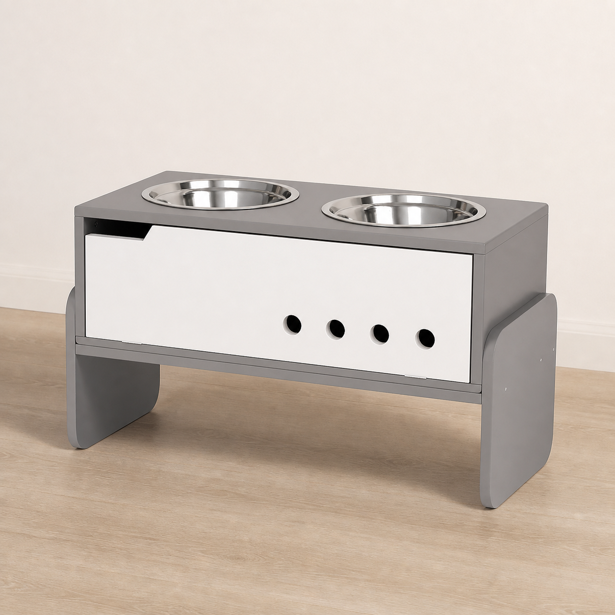 Grey adjustable dog feeding station with two stainless-steel bowls