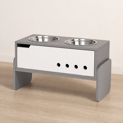 Grey adjustable dog feeding station with two stainless-steel bowls