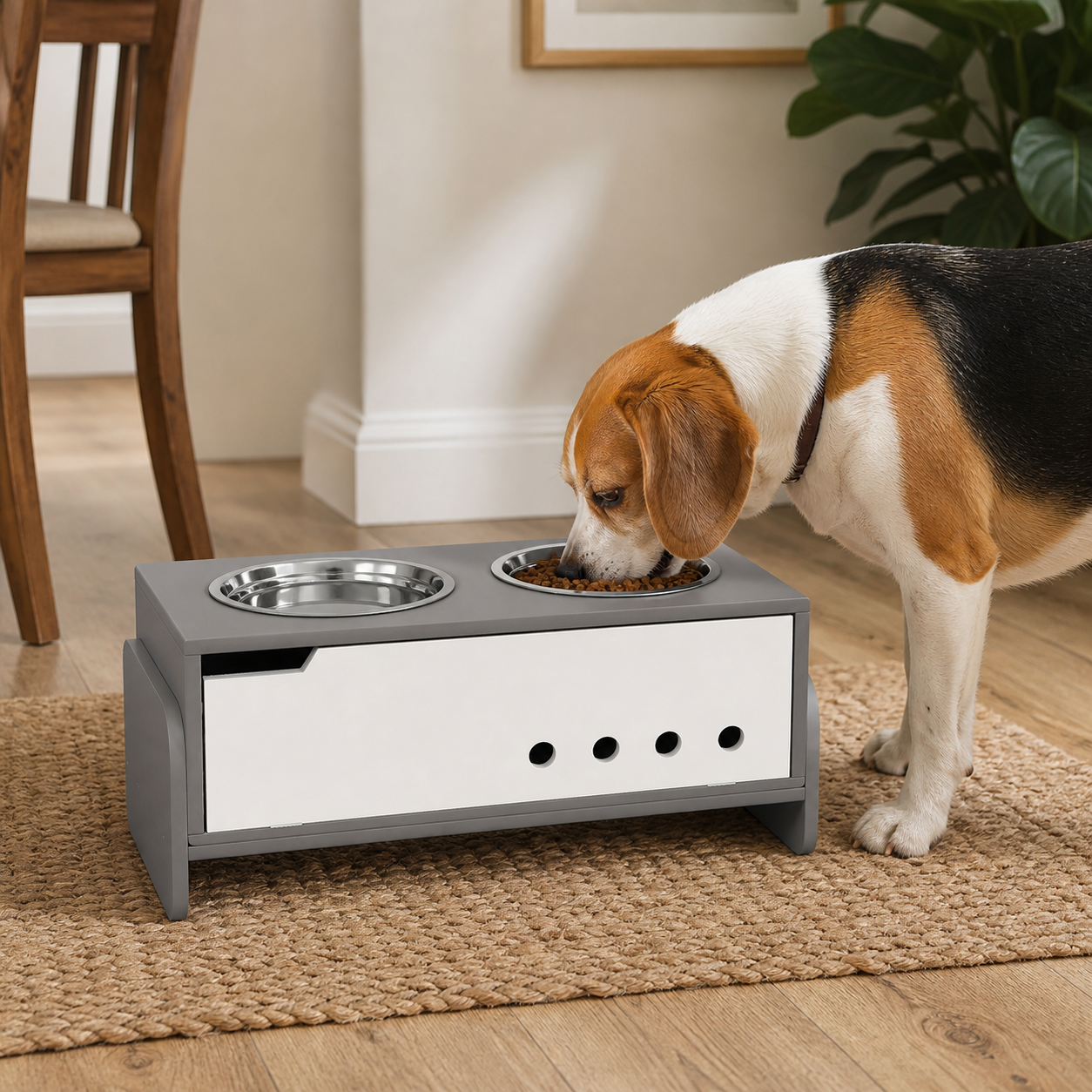 Dog eating from the raised adjustable feeding station