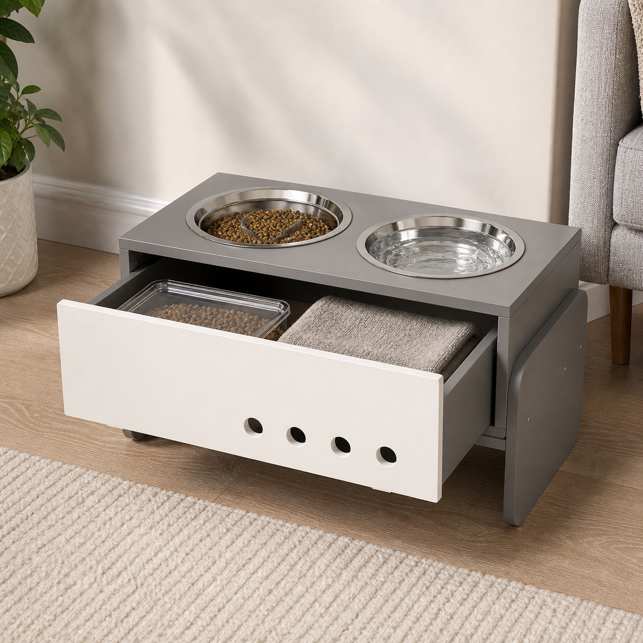 Front storage drawer open beneath the two feeding bowls