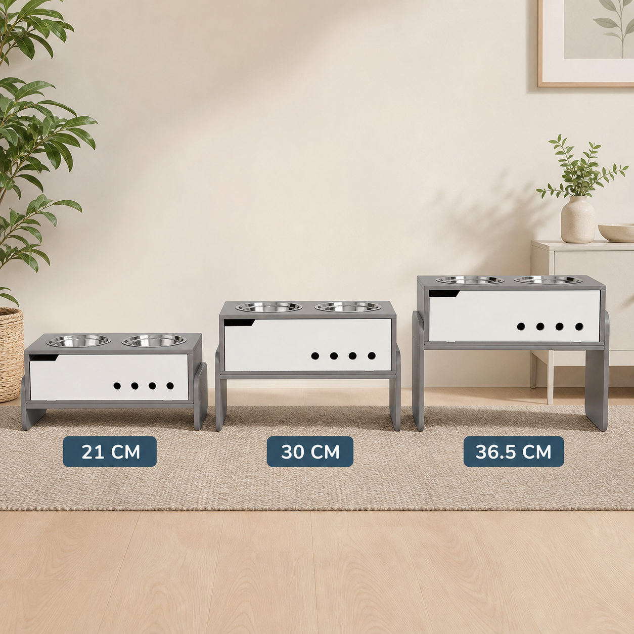 Dog feeding station shown at 21, 30 and 36.5 centimetres