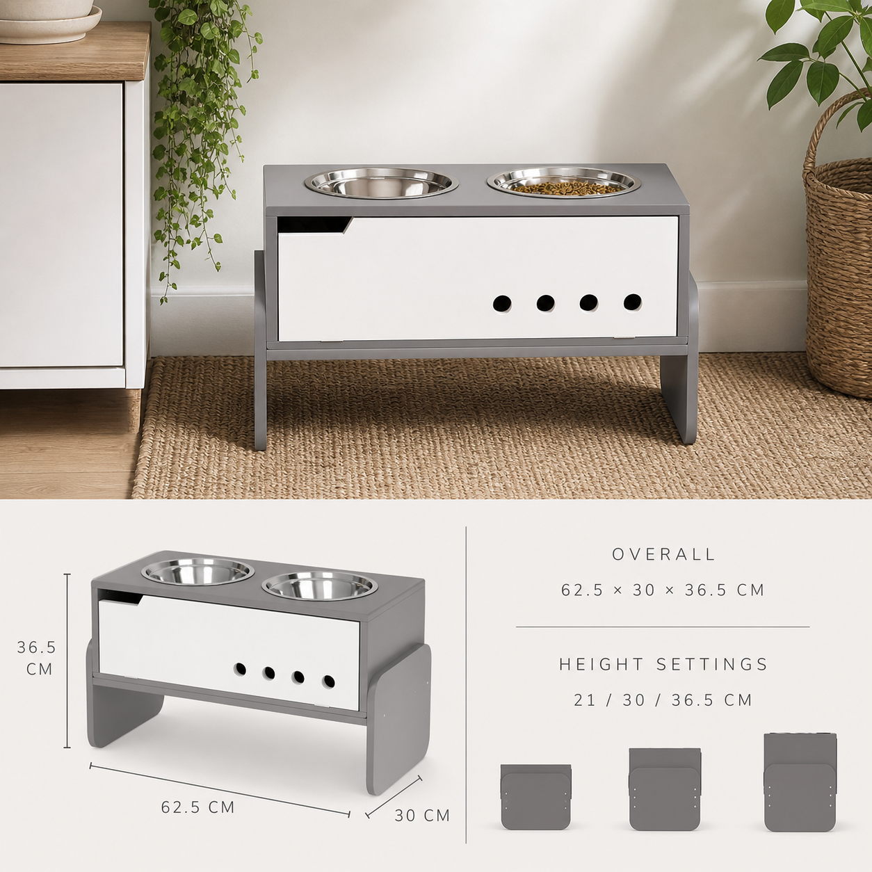 Adjustable dog feeding station overall measurements
