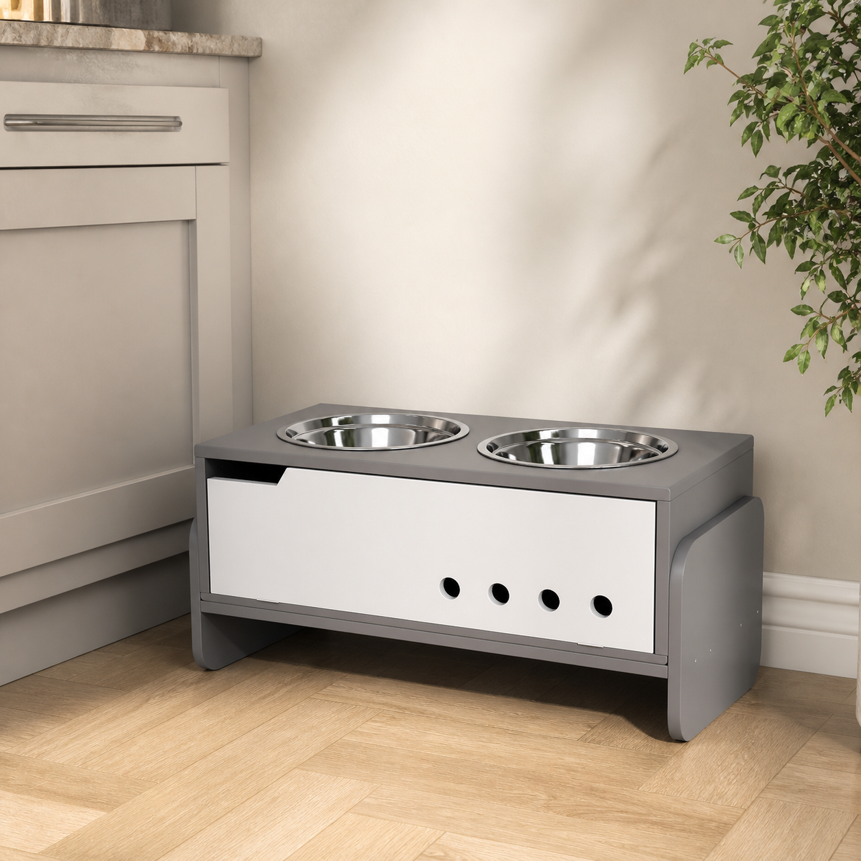 Adjustable feeding station in a calm neutral kitchen