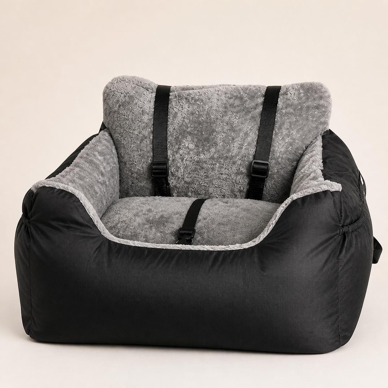 Black pet car booster seat with plush grey lining