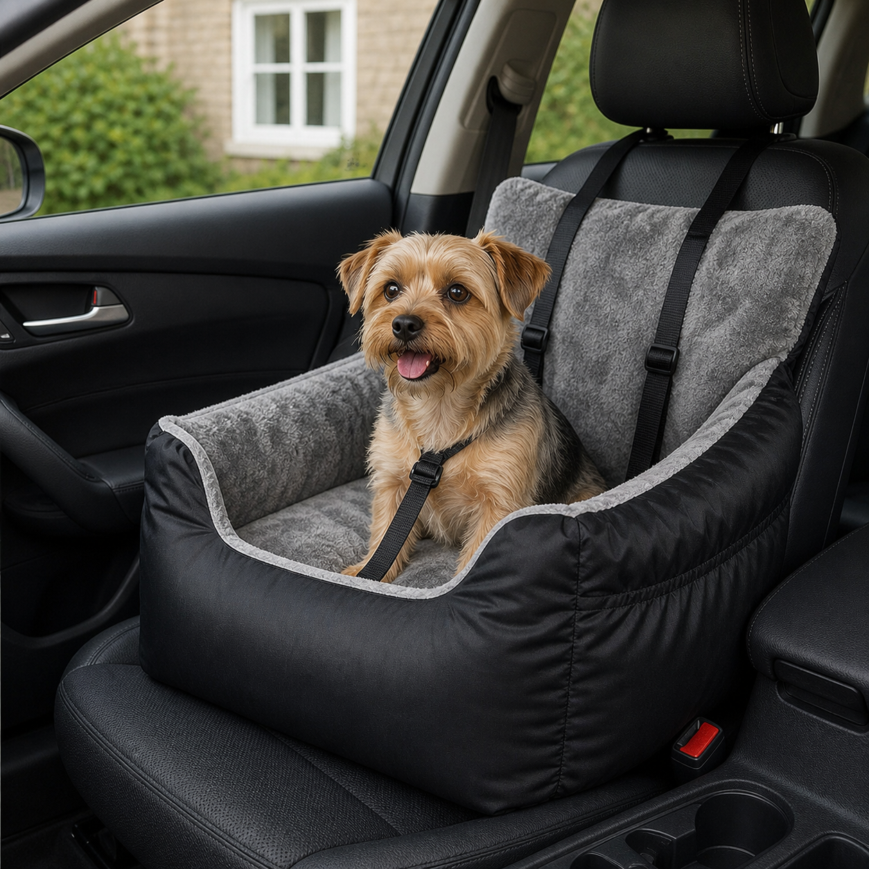Small dog in the fitted car booster seat wearing a harness