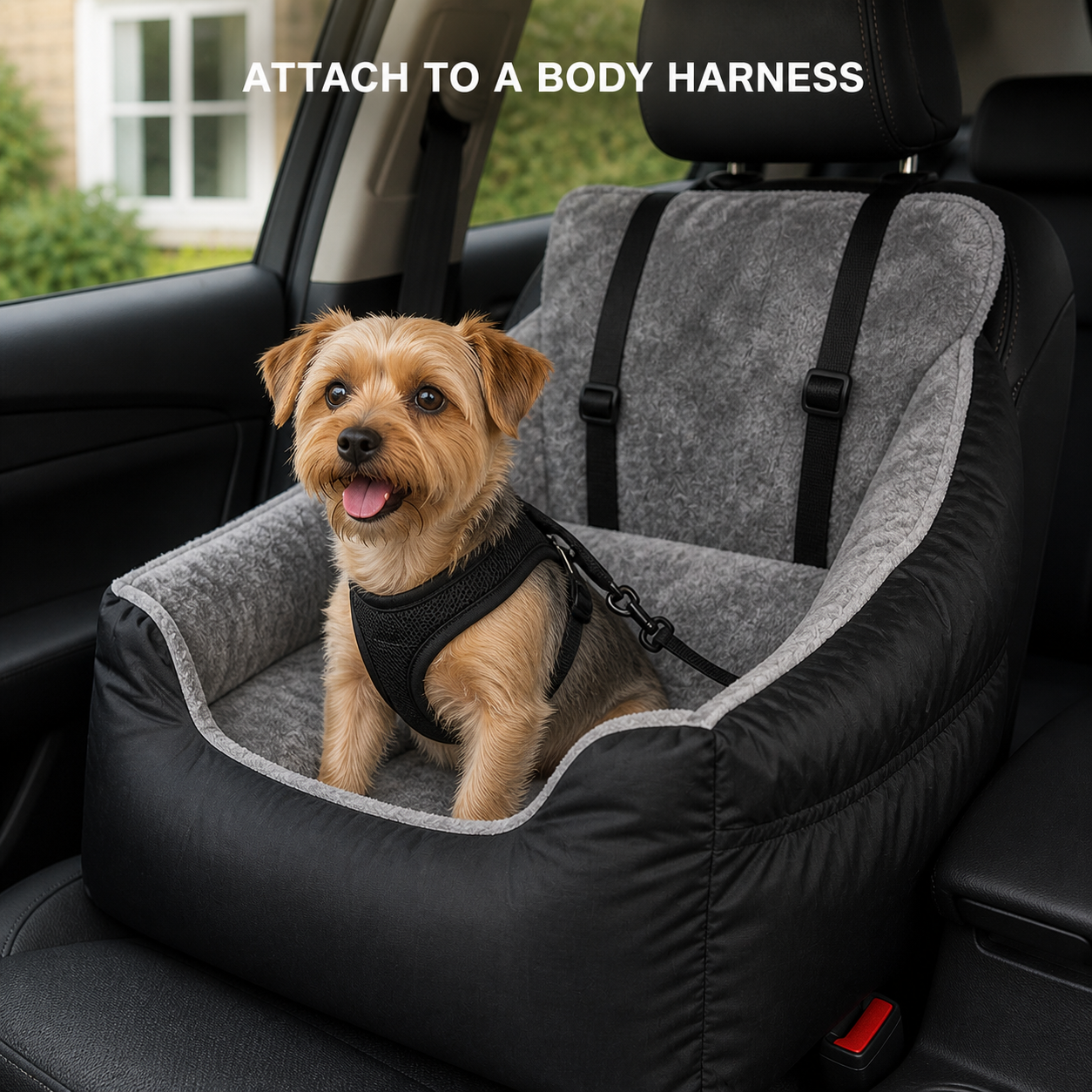 Internal booster tether clipped to a dog body harness