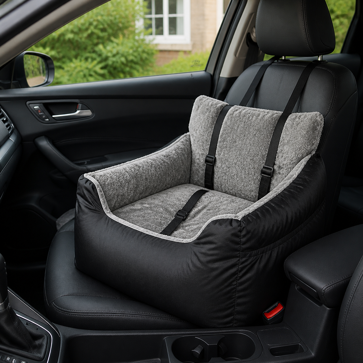 Empty booster seat correctly positioned in a stationary car