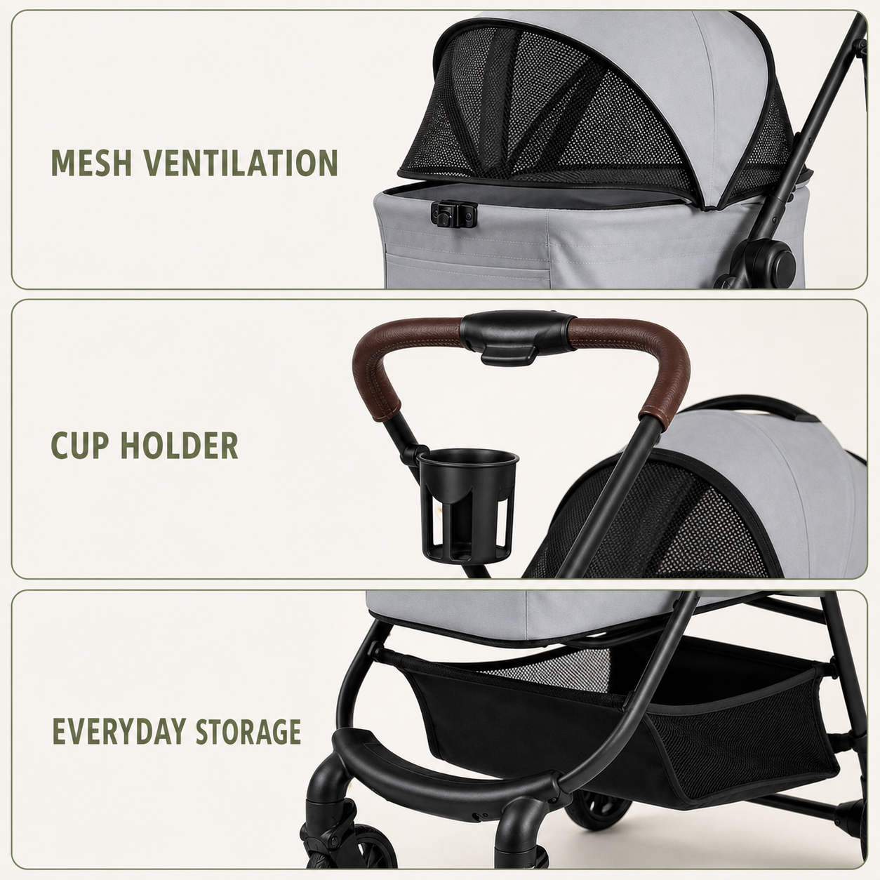 Mesh ventilation cup holder and storage basket details