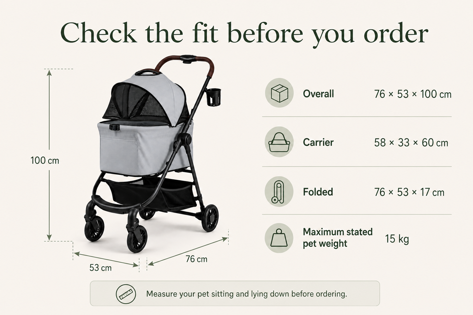 Check the fit before ordering: pet stroller dimensions and 15 kg maximum stated pet weight
