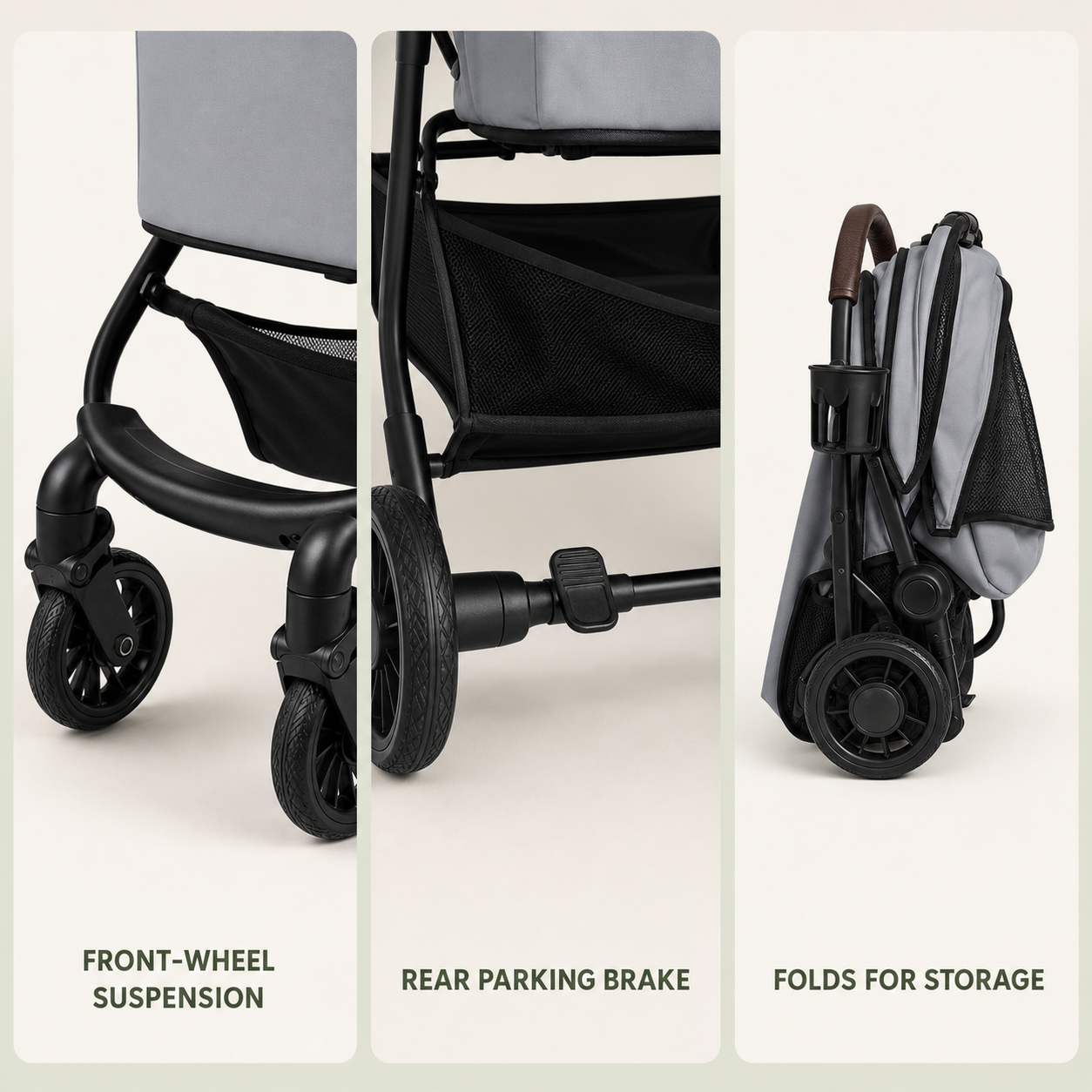 Front suspension rear parking brake and folding frame details