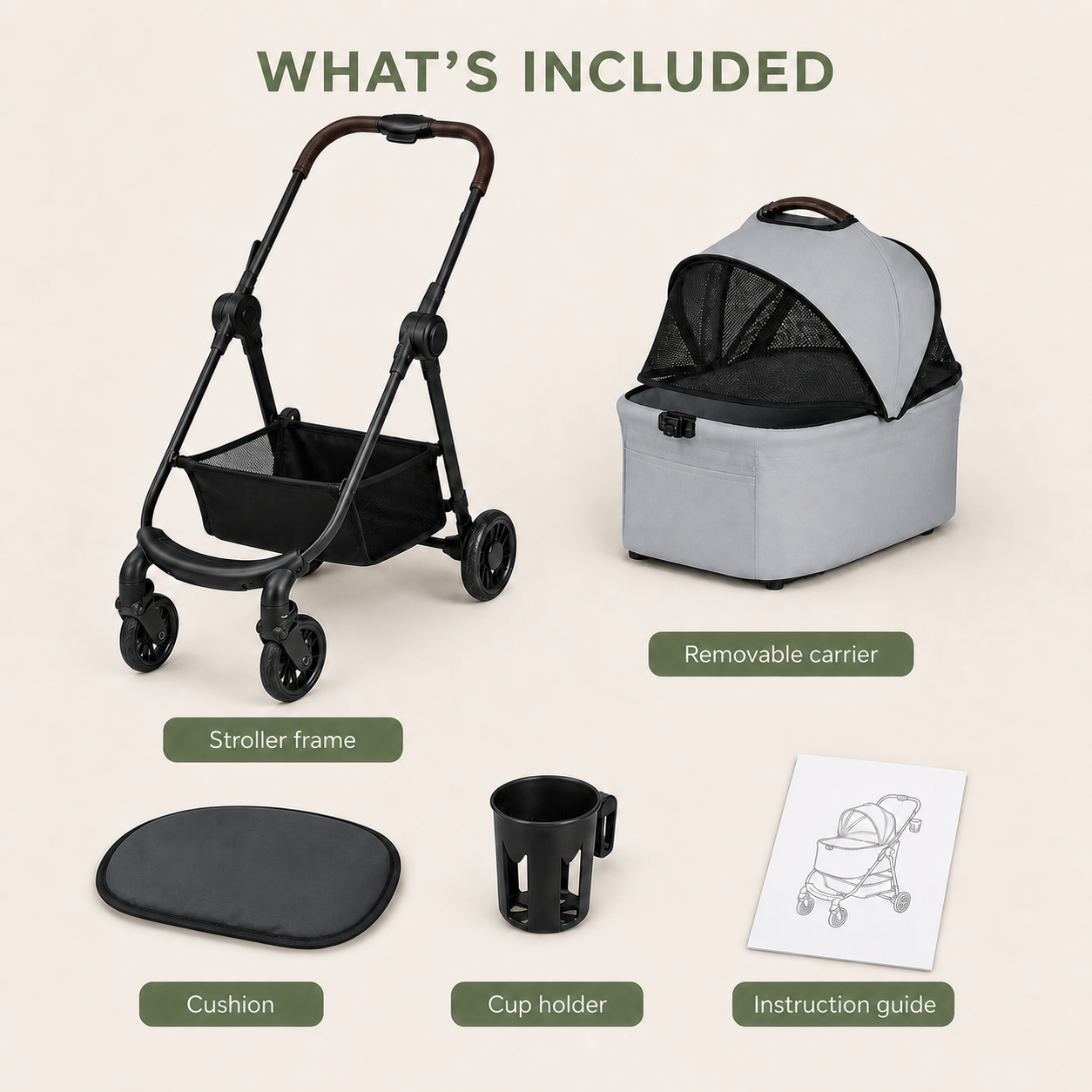 Stroller frame removable carrier cushion cup holder and instruction guide