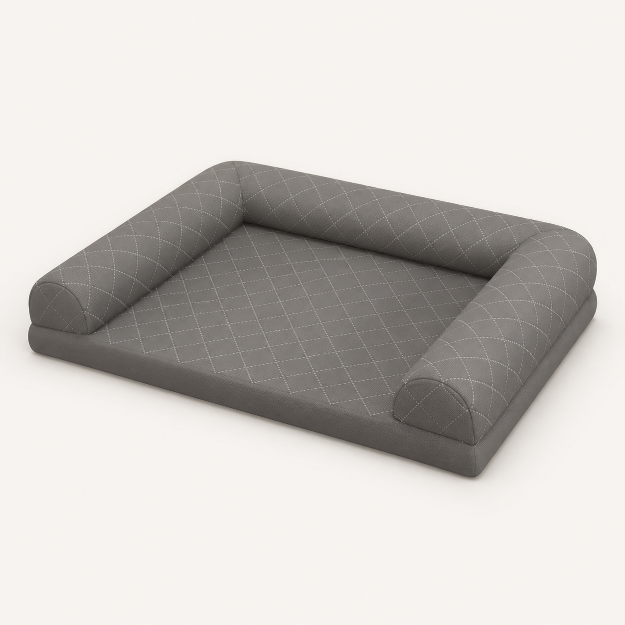 Grey bolstered dog bed with open front entry
