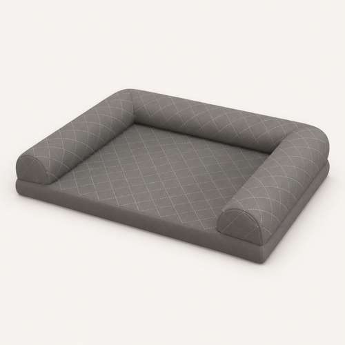 Grey bolstered dog bed with open front entry