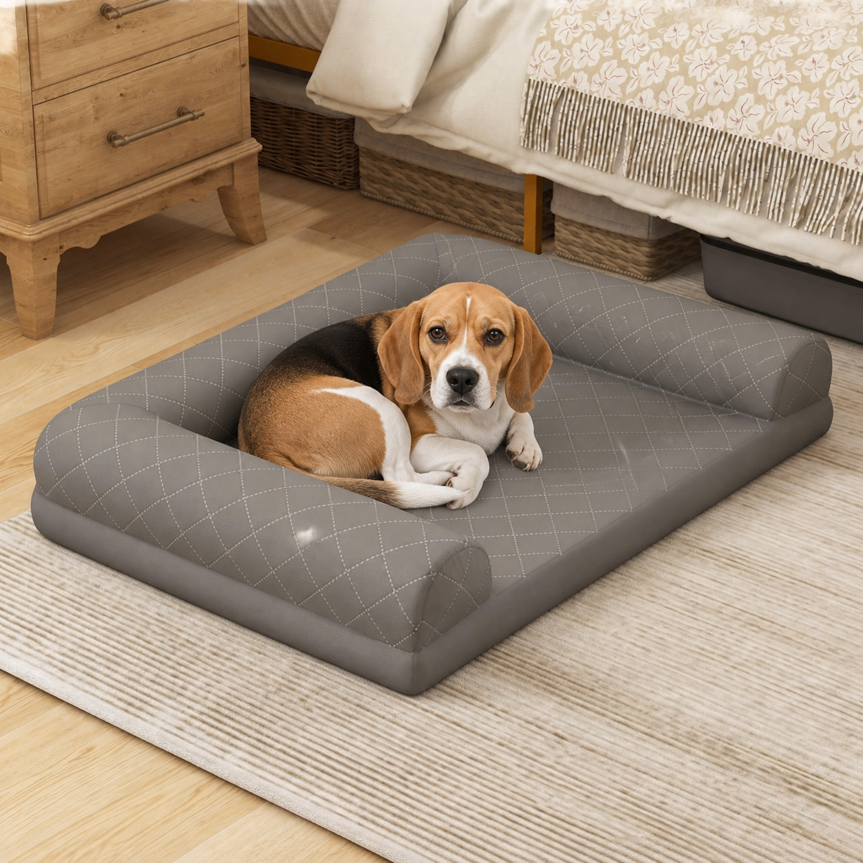 Dog curled inside the grey bolstered bed