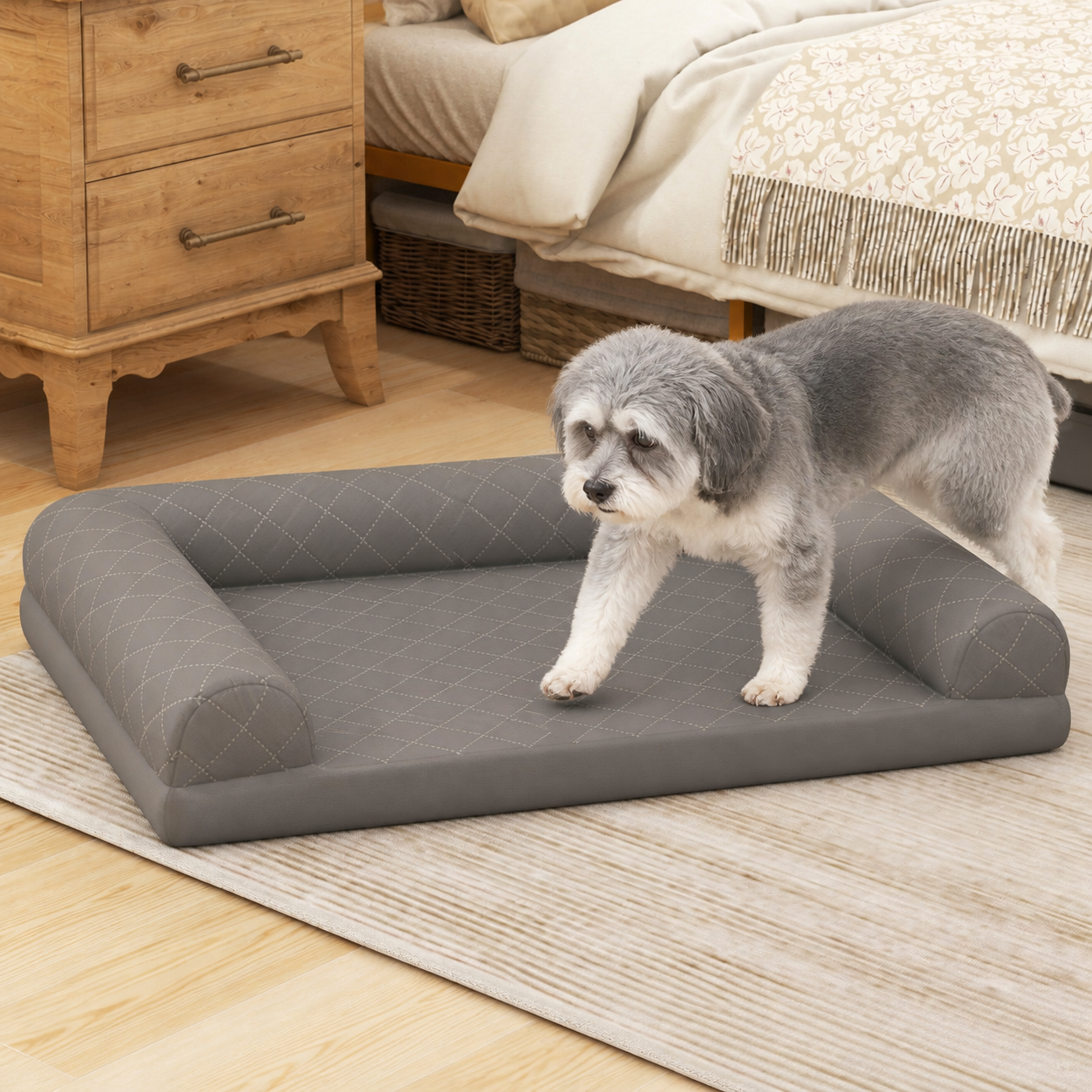 Older dog stepping through the low open front of the bed