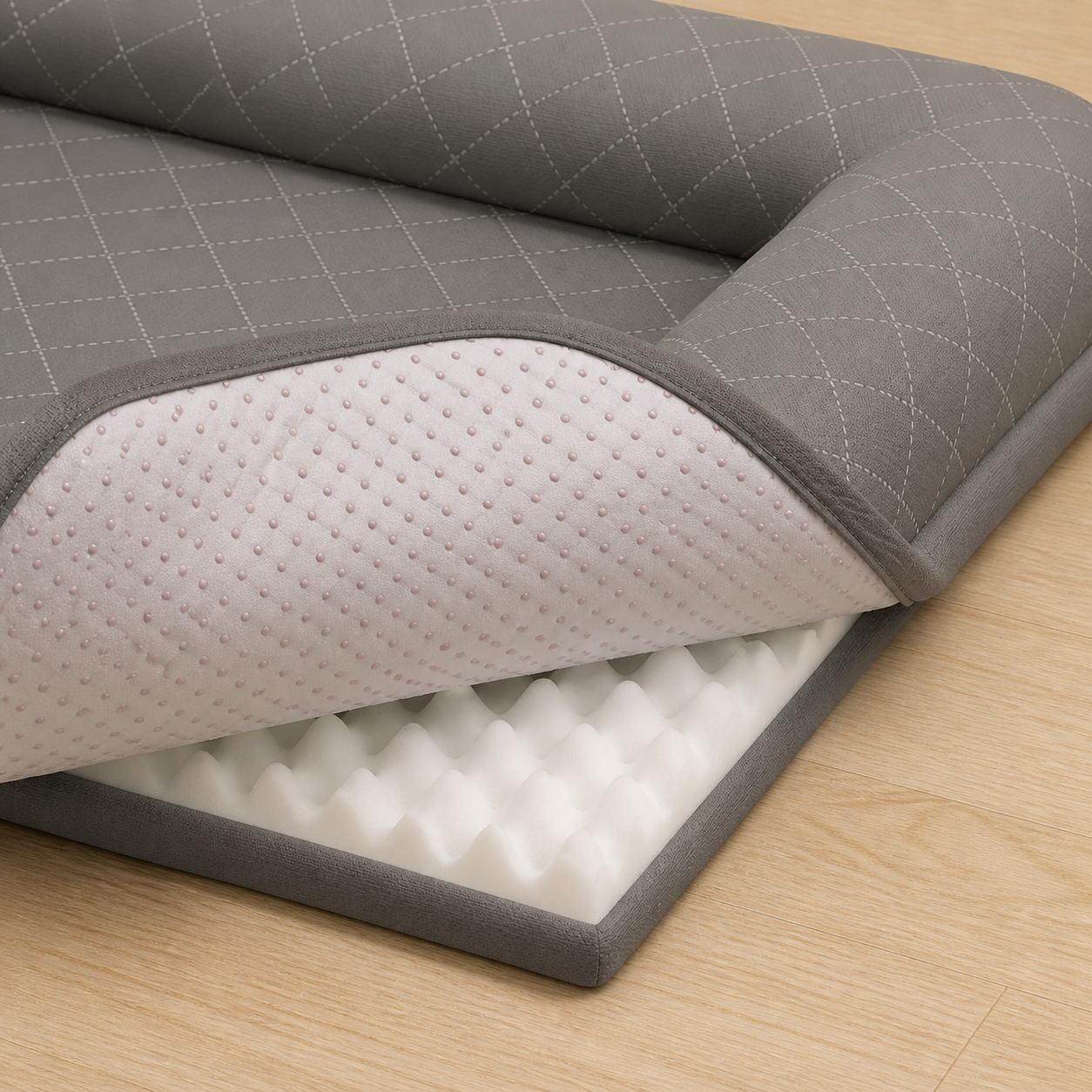 Grey removable cover lifted to show egg-crate foam