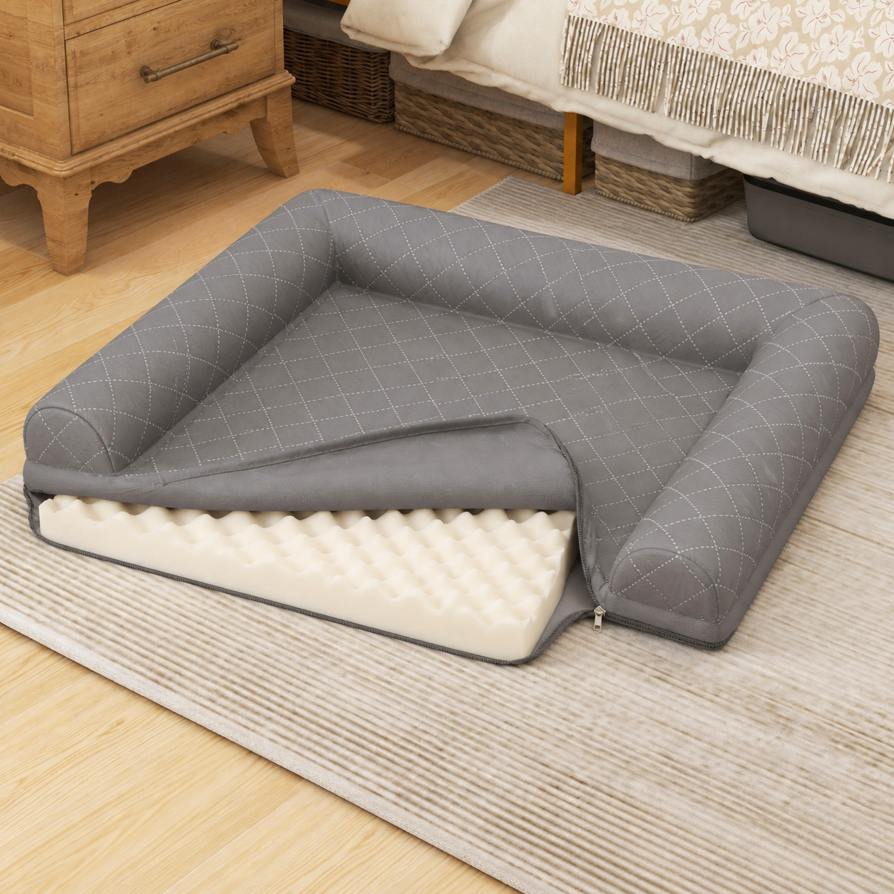 Pale non-slip underside beneath the grey dog bed