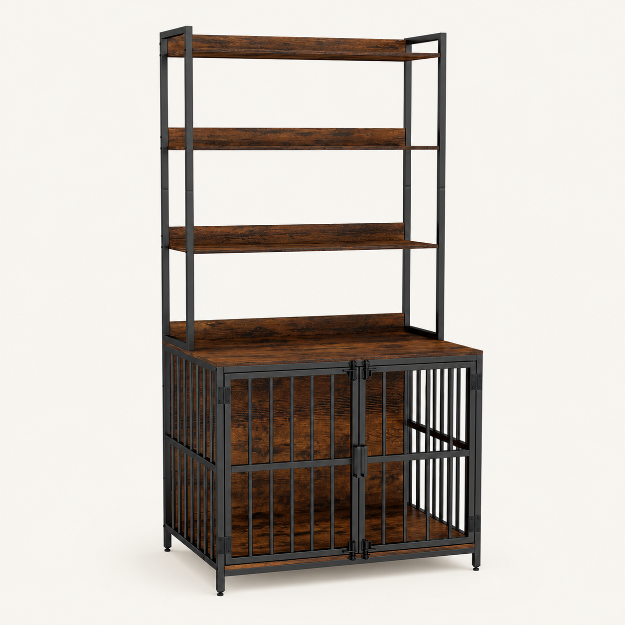 Tall dog crate storage tower with three open shelves