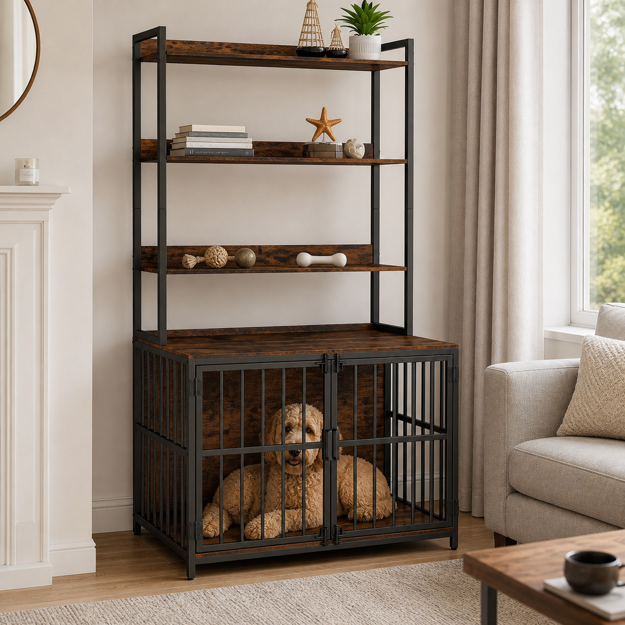 Dog resting inside the lower crate beneath organised shelves
