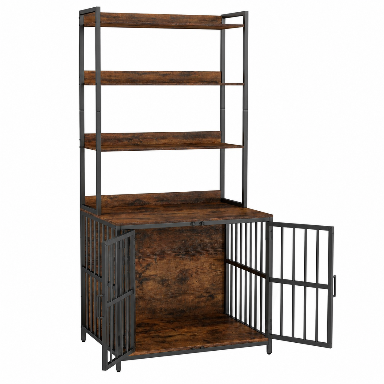 Both lower crate doors open beneath the storage shelves