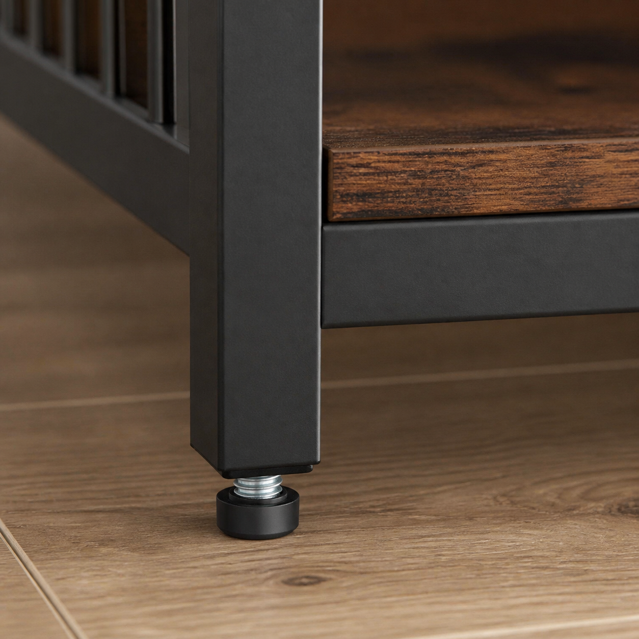 Adjustable metal foot beneath the crate tower