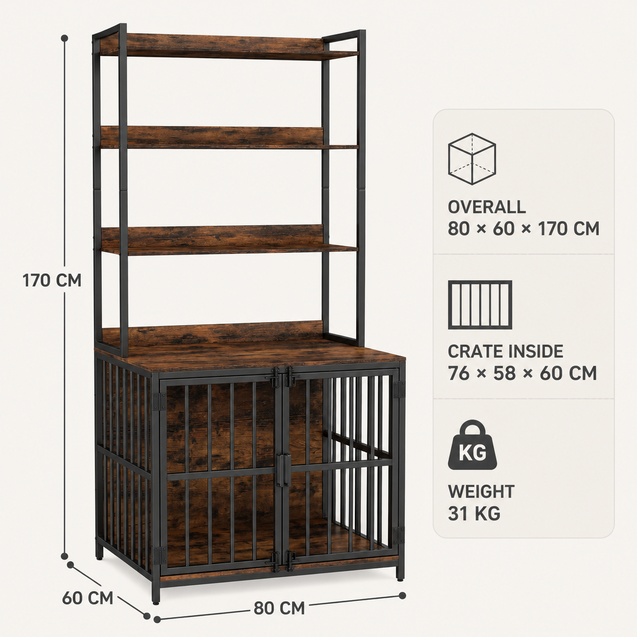 Dog crate storage tower outside and internal dimensions