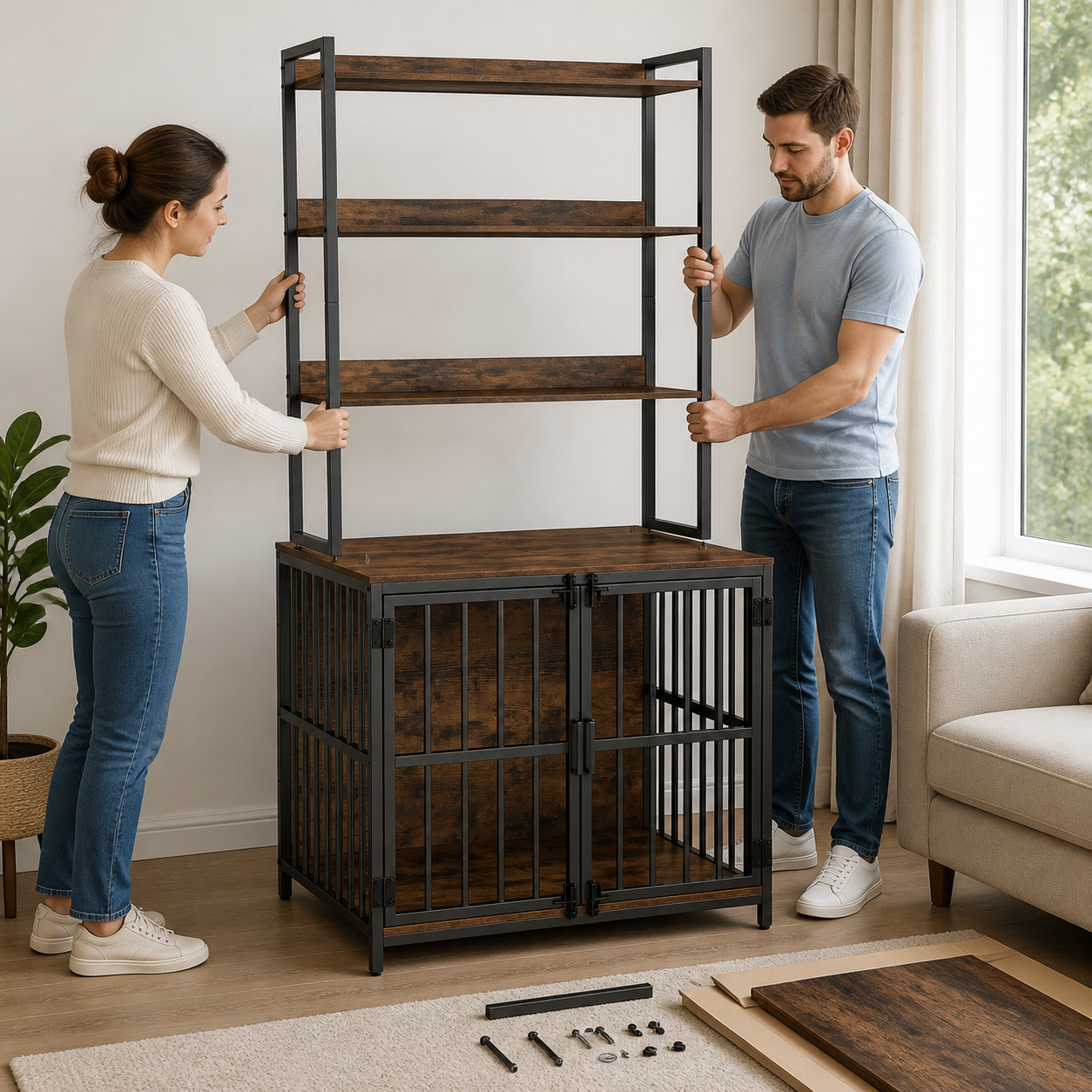 Two adults assembling the tall crate storage tower