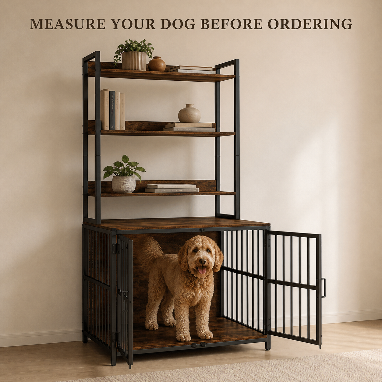 Dog standing inside the lower crate for a fit check