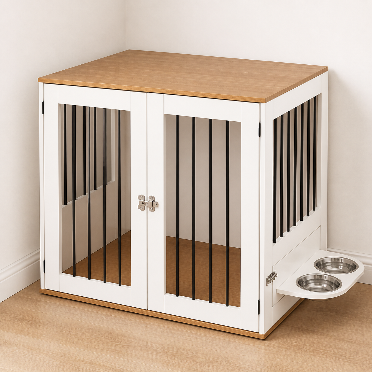 White and wood corner dog crate with adjustable feeding bowls