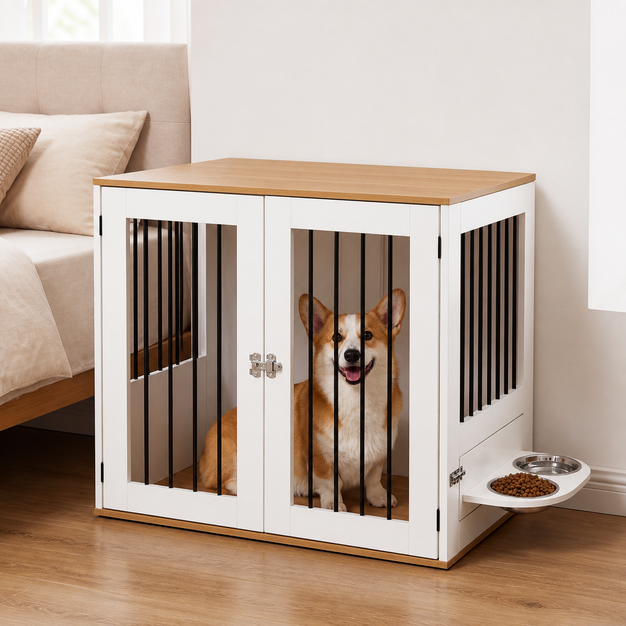 Dog inside the corner-fitting crate beside a bed